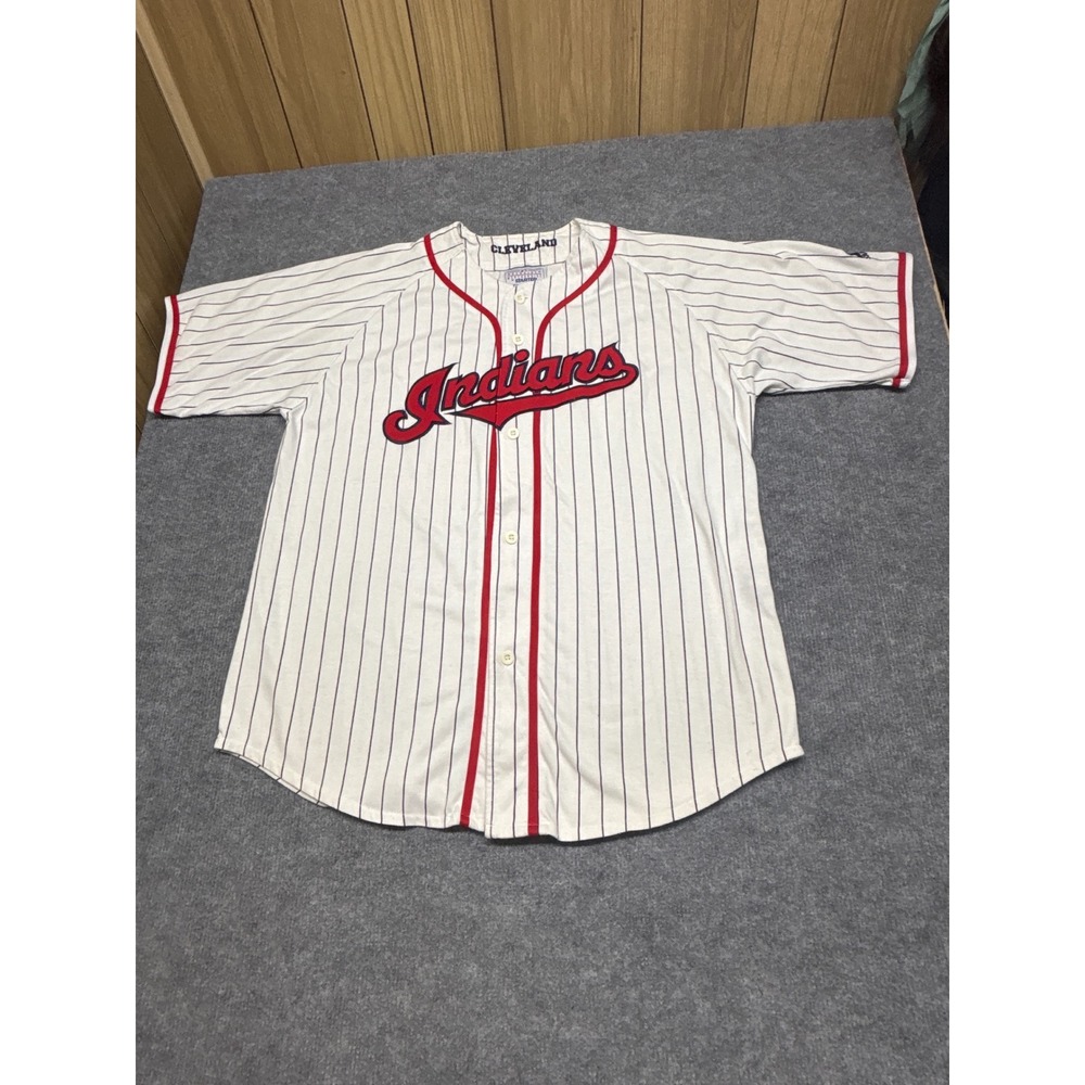 Vintage Starter Cleveland Indians Pinstripe Baseball Jersey Mens Large White